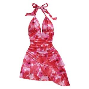 MakeMeChic Women's Pink Floral Print Halter Ruched Sleeveless Sundress MediumNWT